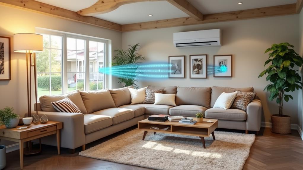 A living room with a wall-mounted air conditioner.