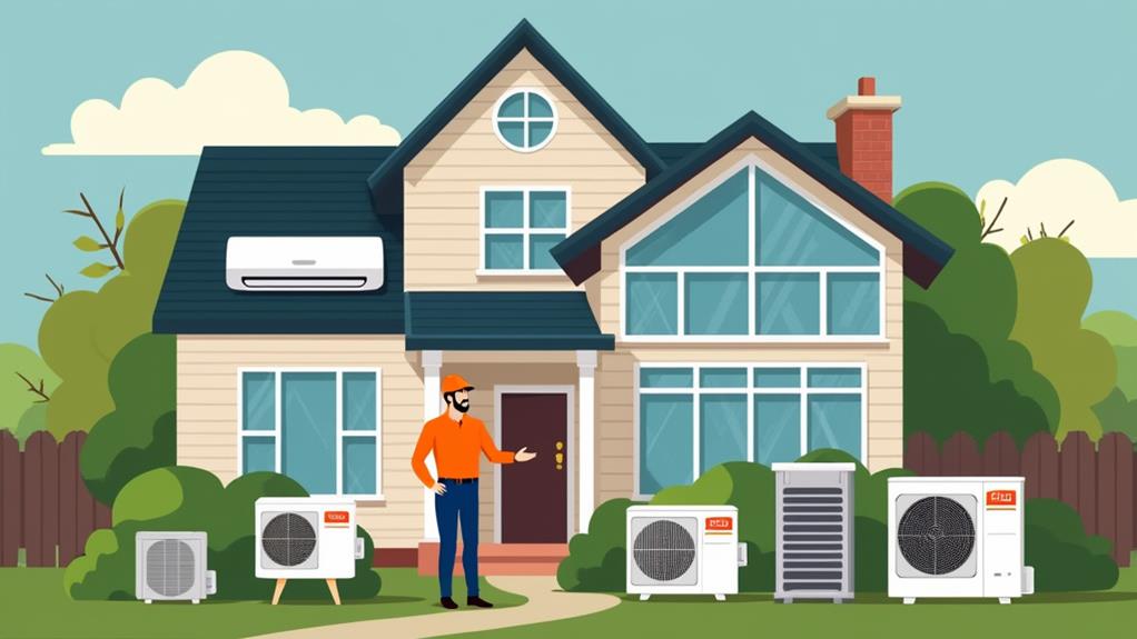 A technician standing in front of a house with various HVAC systems.
