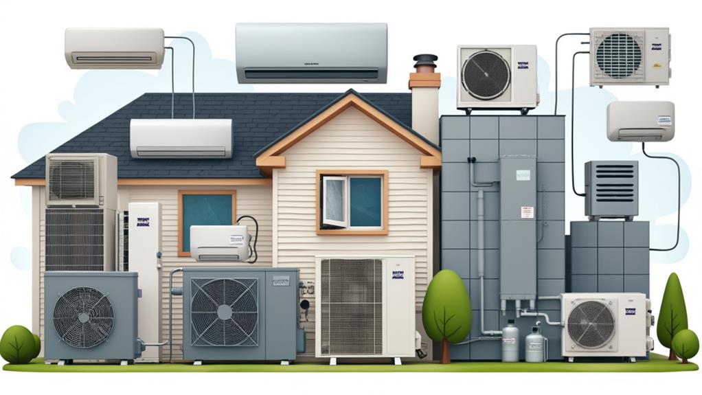 A house surrounded by various HVAC systems, including split systems, window units, and ductless mini-splits.