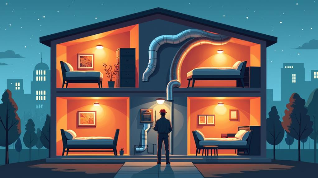 A cutaway house with unevenly lit rooms.